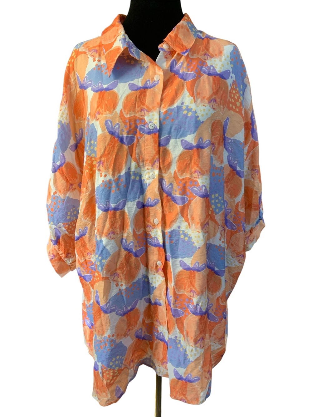 Chic Soul Orange Lavender Peach Novelty Print Button-Up Lined Shirt 3X Resort